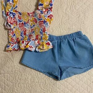 Vince Camuto Multicolor Floral Smocked Top with Light Blue Shorts